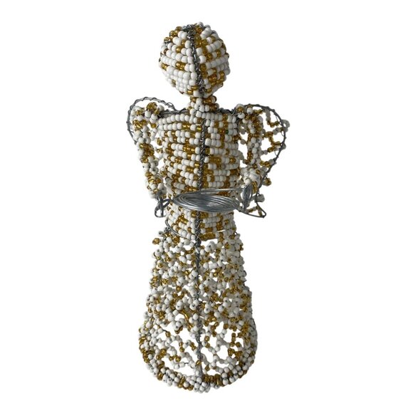 Handcrafted Beaded Angel Figurine Wire Frame White Gold Beads Zuni Style 10 " - Picture 1 of 7